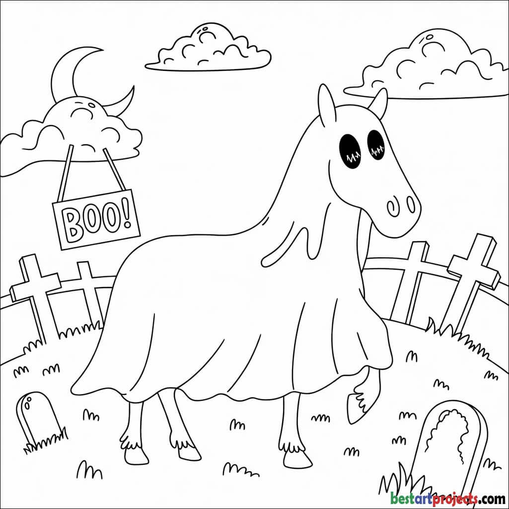 Halloween-costumed spooky horse coloring page 