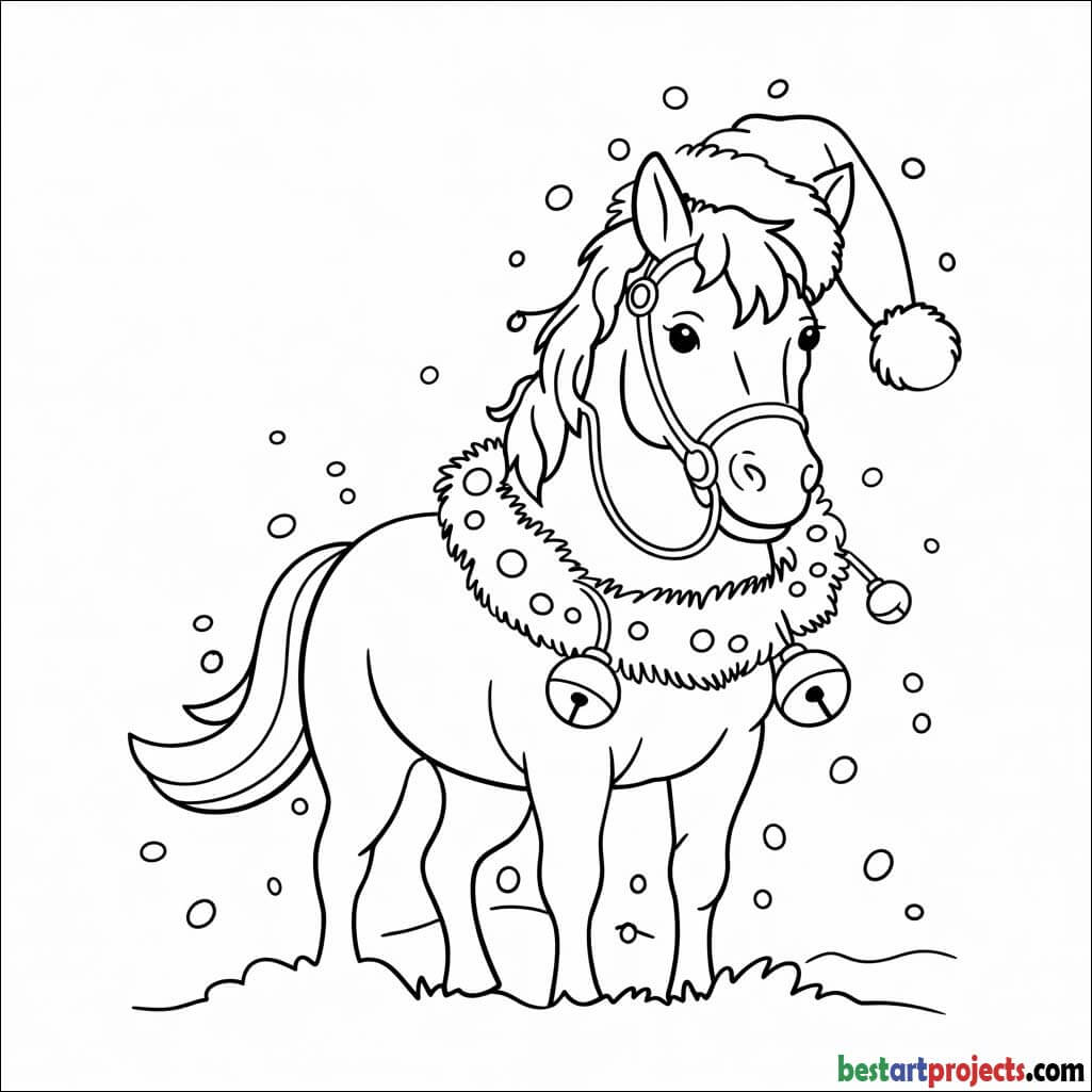 Christmas horse with jingle bells and wreath Coloring sheet 