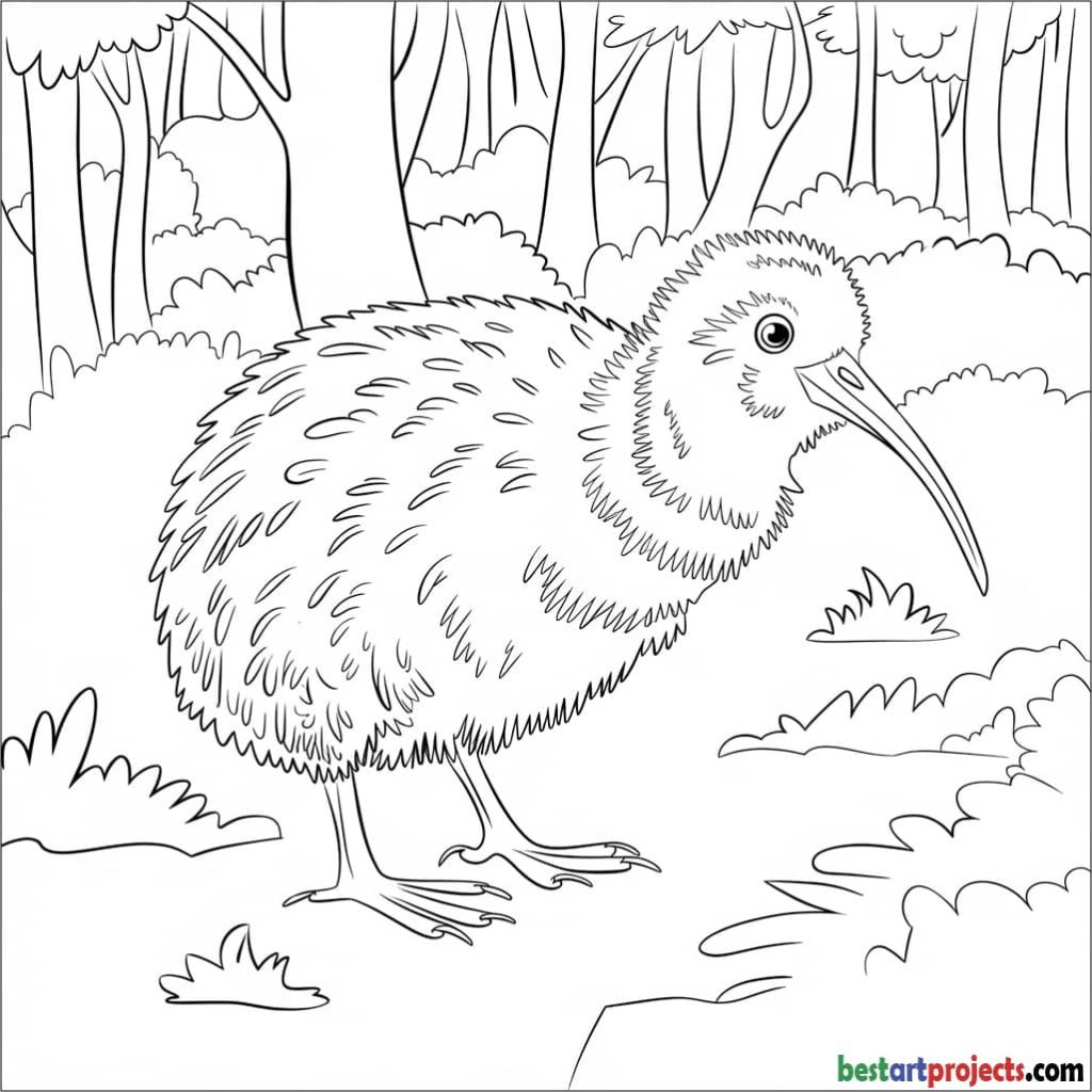  Kiwi Bird in a Forest Coloring Page