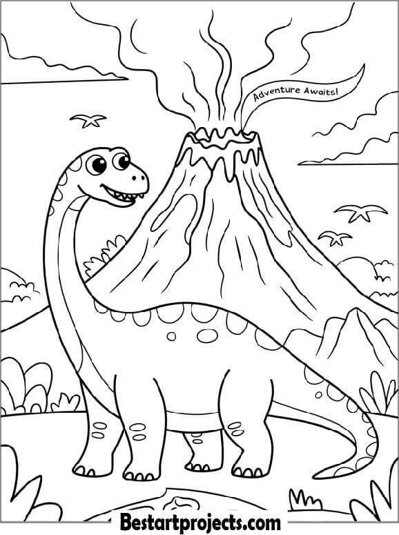 Brontosaurus Standing near a Volcano