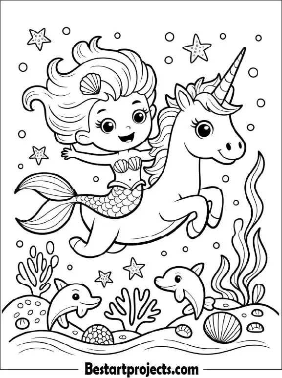 Mermaid Riding a Unicorn  Coloring page for Free