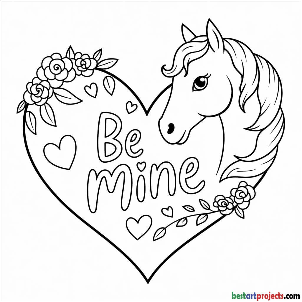 Valentine’s Day heart-themed horse coloring page 
