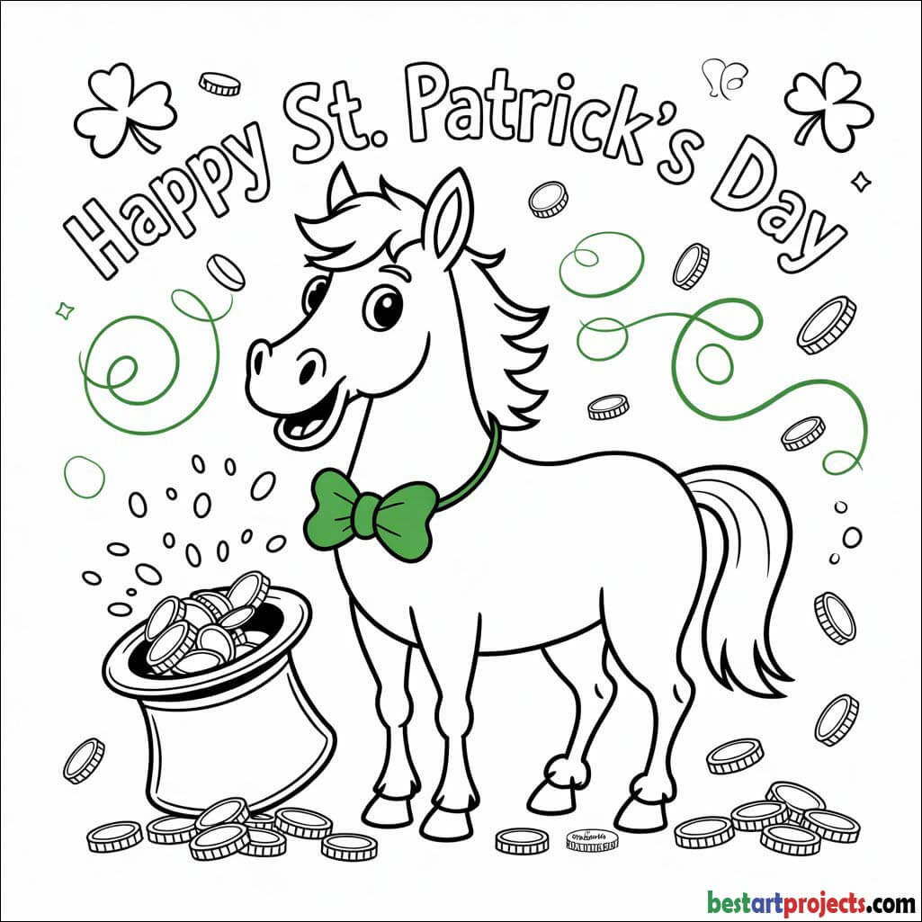 St. Patrick’s Day horse with clover and gold coins coloring sheet 