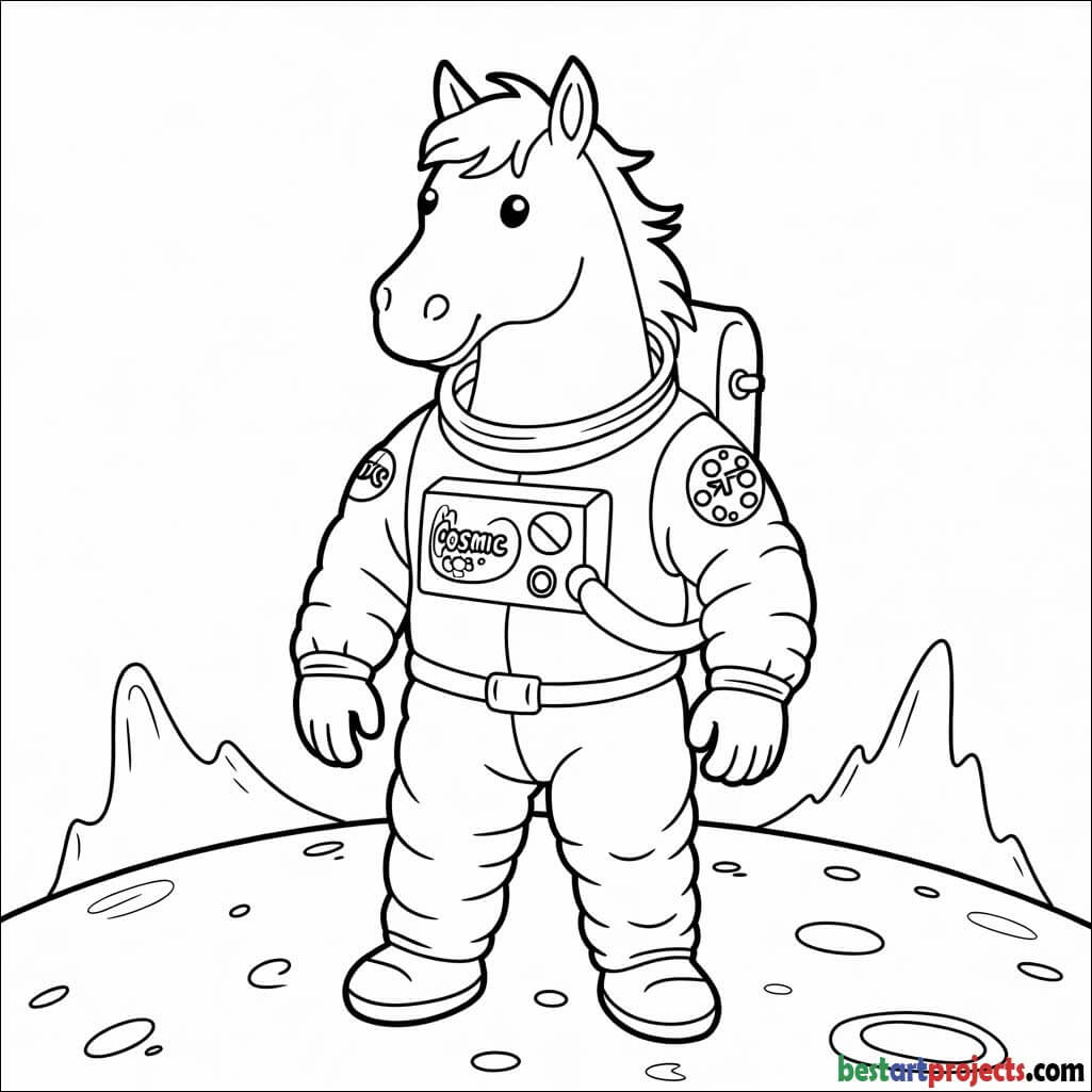 Space explorer horse in astronaut suit coloring page 
