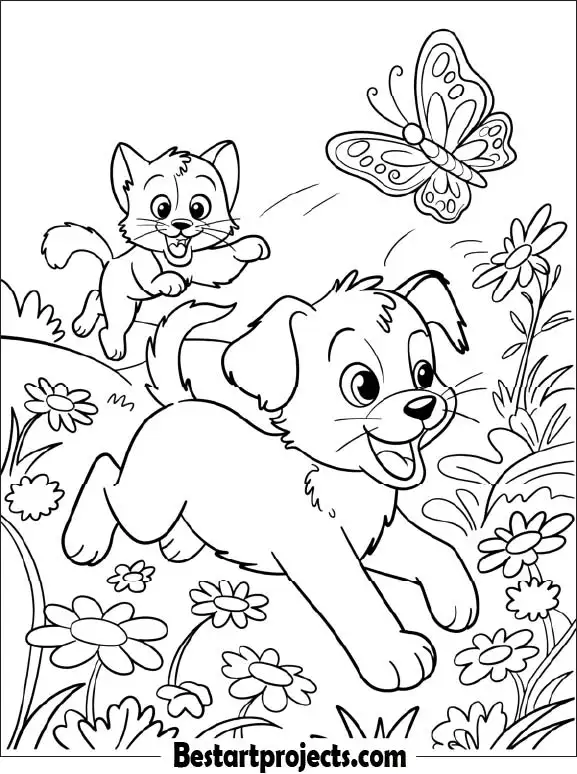 Playful Puppy and Kitten Chasing a Butterfly