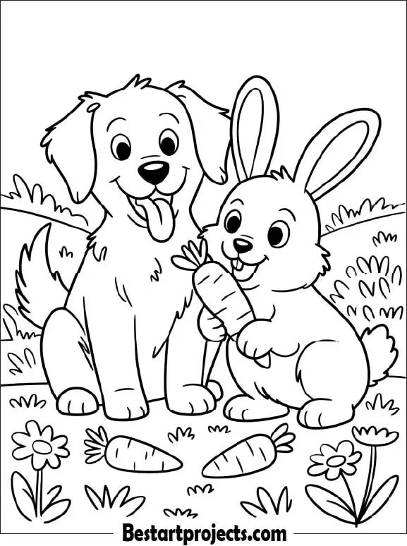 Dog and Bunny Eating Carrots Together
