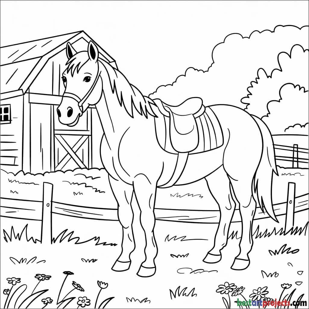 Farm Horse Next to a Barn Coloring page 