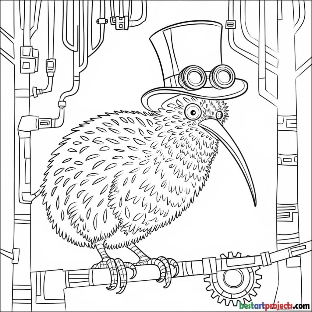  Steampunk Kiwi Bird Coloring Page for Kids
