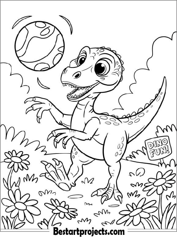 Baby Velociraptor Playing with a Ball Coloring Page for Kids