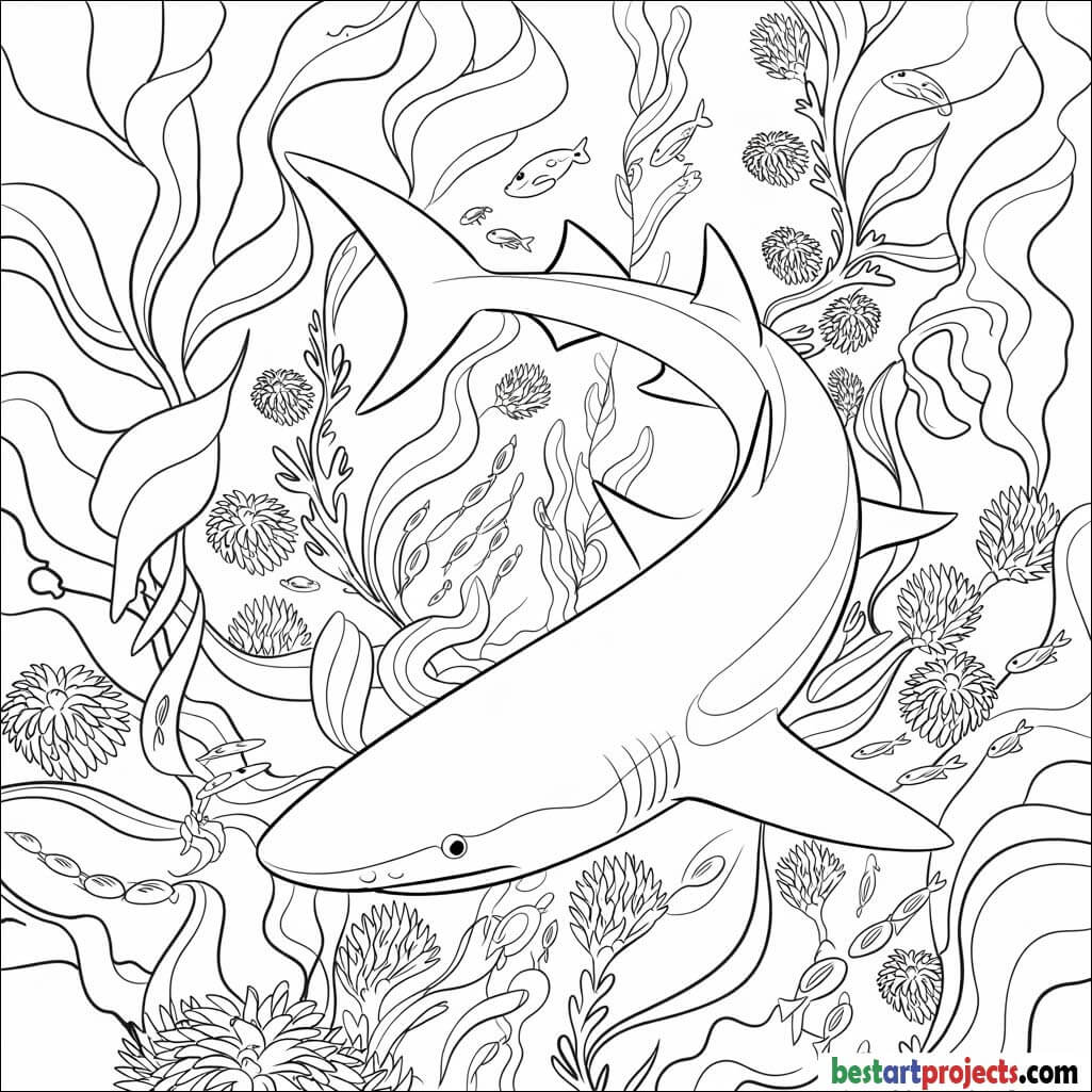 Blue shark swimming through kelp forests Coloring page free
