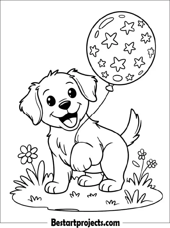 Cute Puppy Holding a Balloon Coloring Page