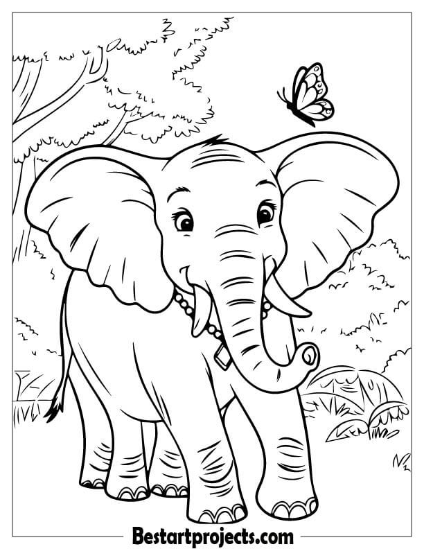 Elephant walking with a butterfly flying nearby