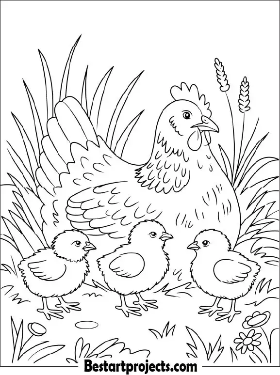 7.Hen With Baby Chicks Coloring page