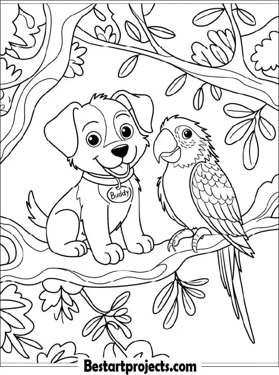 Puppy and Parrot Sitting on a Tree Branch