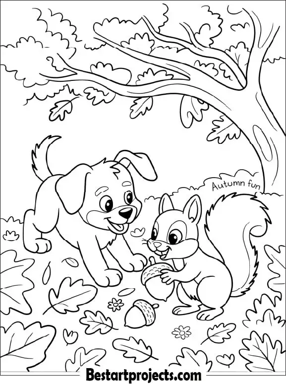 Puppy and Squirrel Collecting Acorns