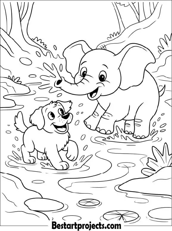 Dog and Elephant Splashing in Water