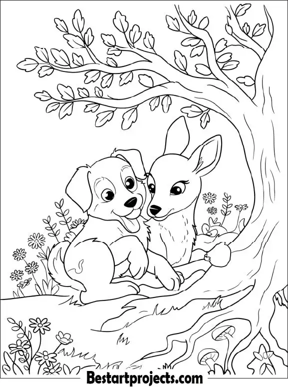 Puppy and Deer Resting Under a Tree