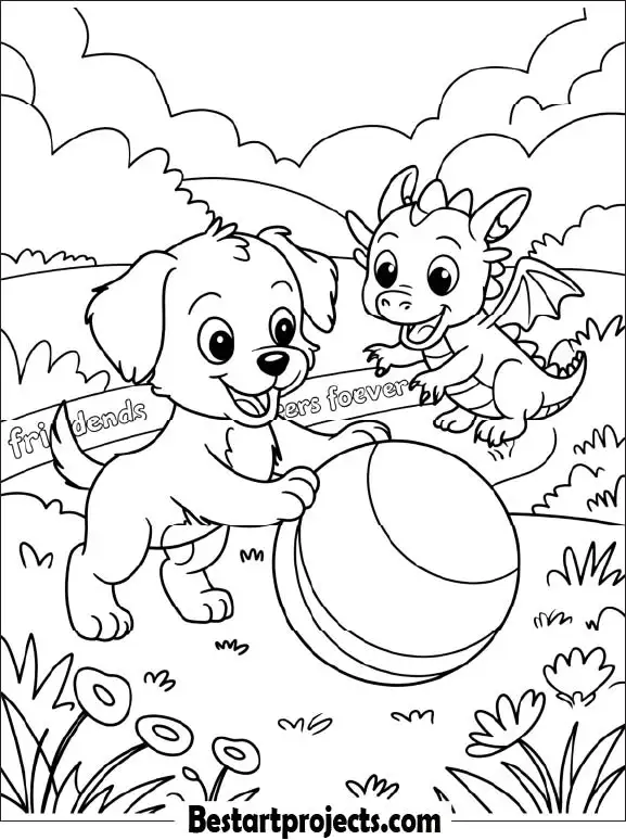 Playful Puppy and Baby Dragon Playing with a Ball Coloring Page