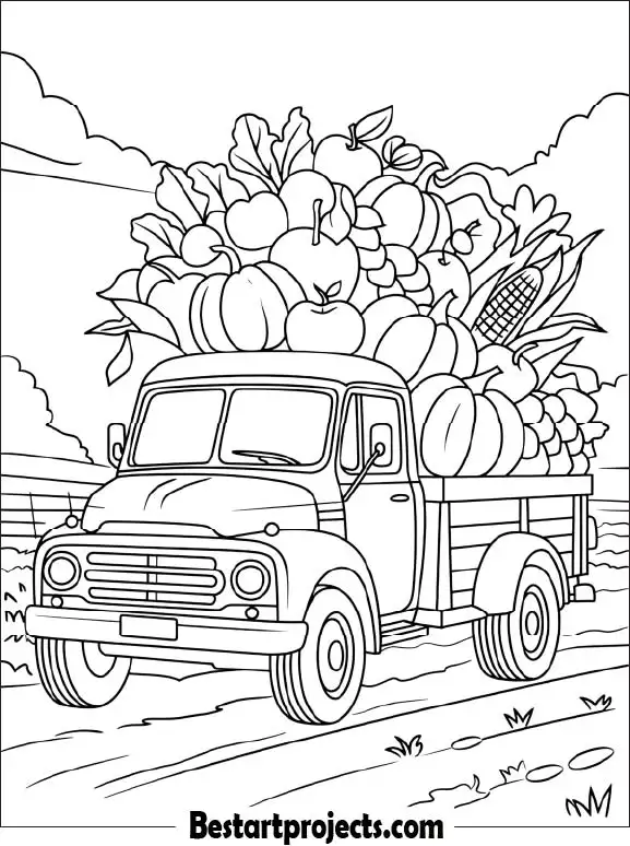 Farm Truck Carrying Fruits and Vegetables Coloring Printable