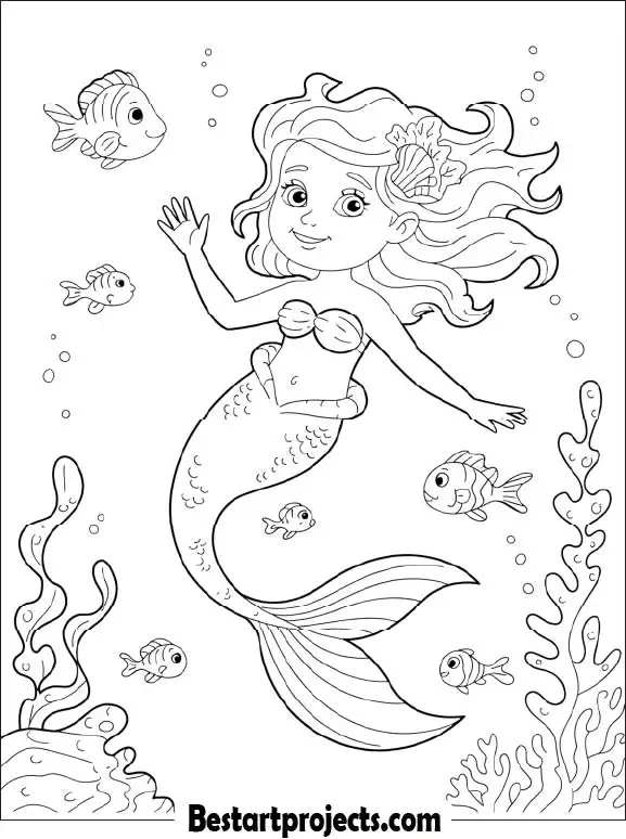 Little Mermaid Waving in the Ocean Coloring Page for Kids