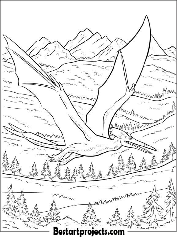 Pterodactyl Flying over Mountains Printable Coloring Page