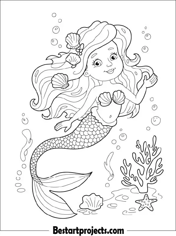 Cartoon Mermaid with Flowing Hair  Printable Coloring Page