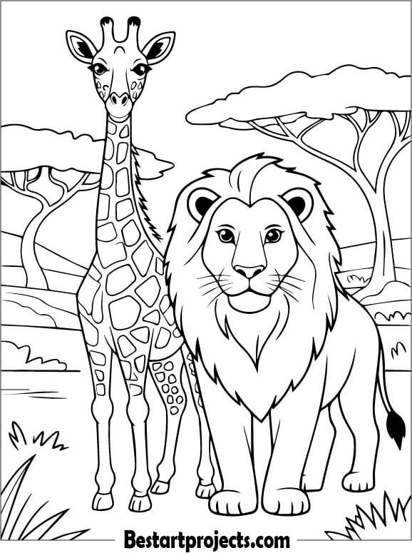 Giraffe with a Lion Coloring page