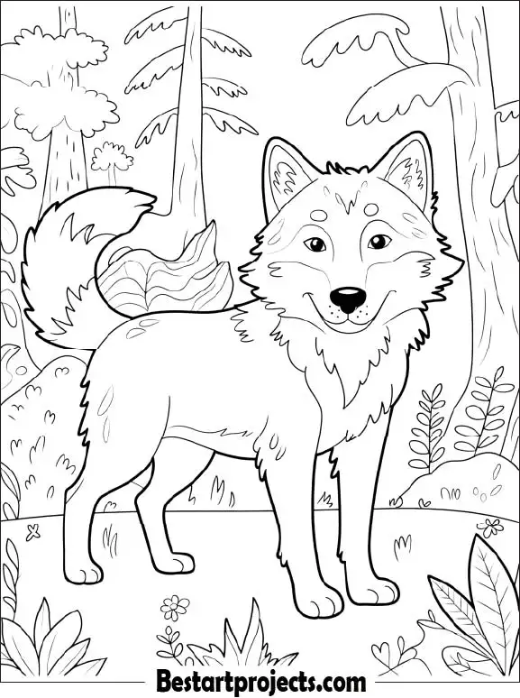 Happy Wolf in the Forest Coloring Page