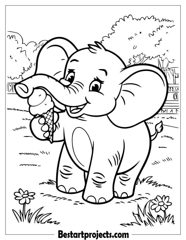 Happy elephant holding an ice cream cone