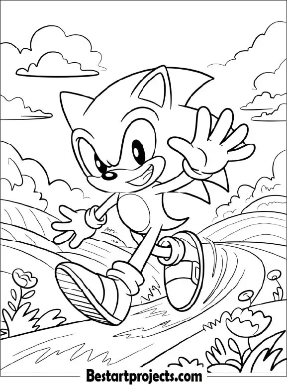9.Sonic Waving Hello -  printable Coloring page 