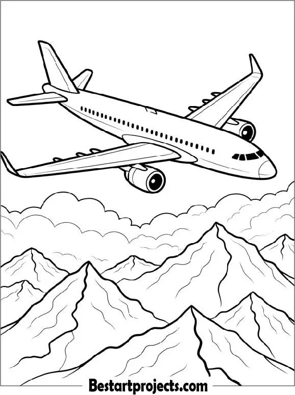 Airplane Flying Over Mountains Coloring Page