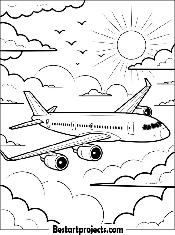 Airplane Flying at Sunset Coloring Page
