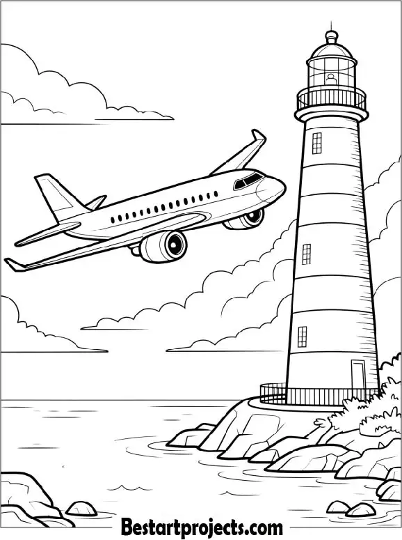 Airplane Near a Lighthouse Coloring Page
