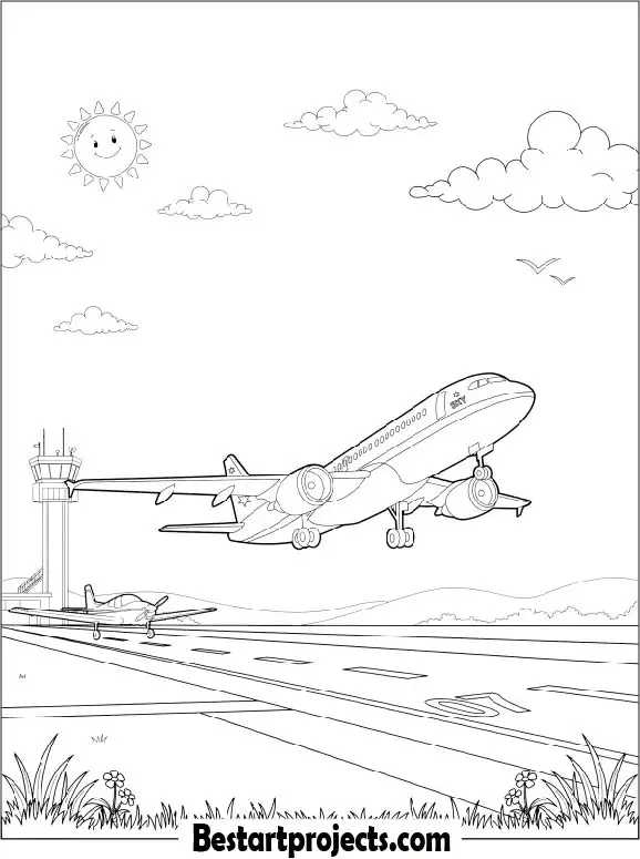 Airplane Taking Off From Runway Coloring Page