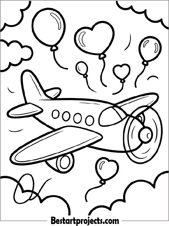 Airplane with Balloons in the Sky Coloring Page for Preschoolers