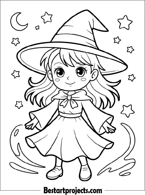 Anime Witch Girl Coloring Page 1