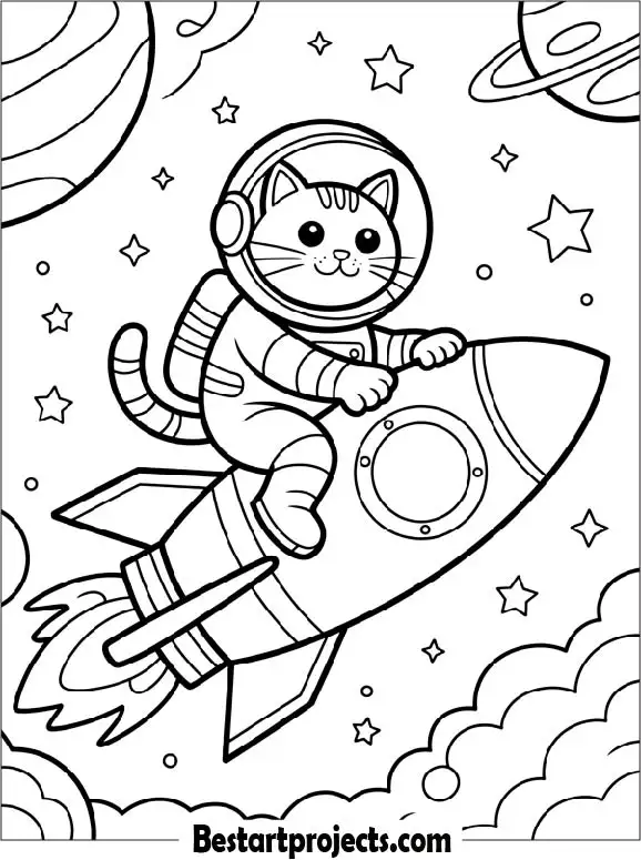 Astronaut Cat Riding a Rocket Coloring Page
