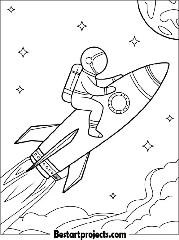 Astronaut Riding a Rocket Coloring Page