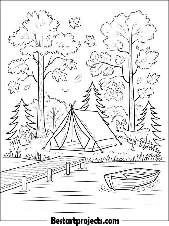 Autumn Camping Scene Beside a Forest Lake Coloring Sheet