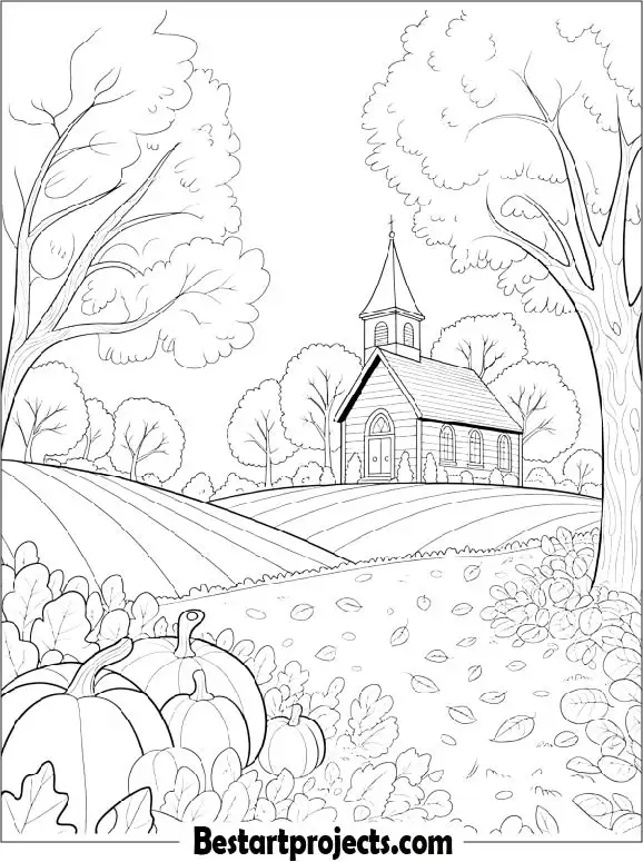 Autumn Landscape with Church Coloring Sheet