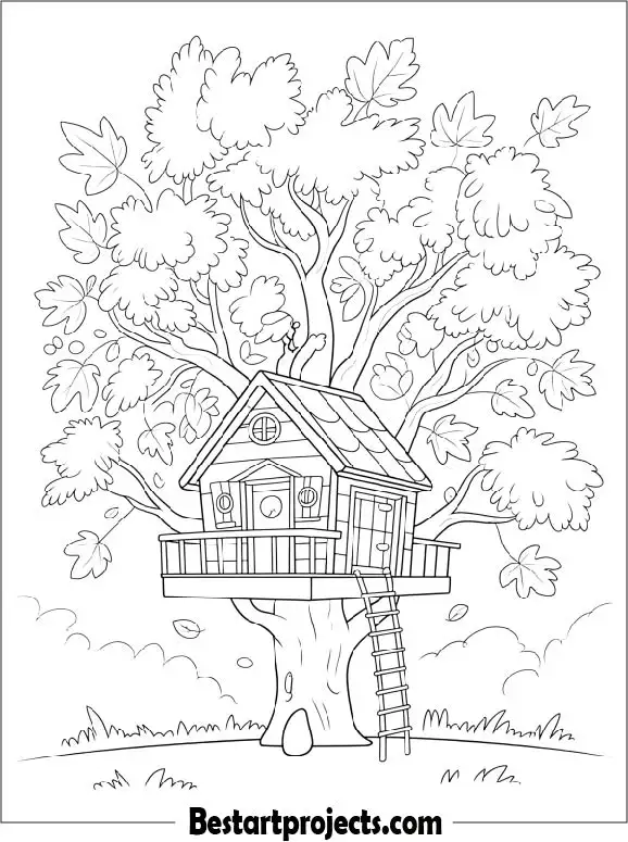 Autumn Treehouse Surrounded by Falling Leaves to Color