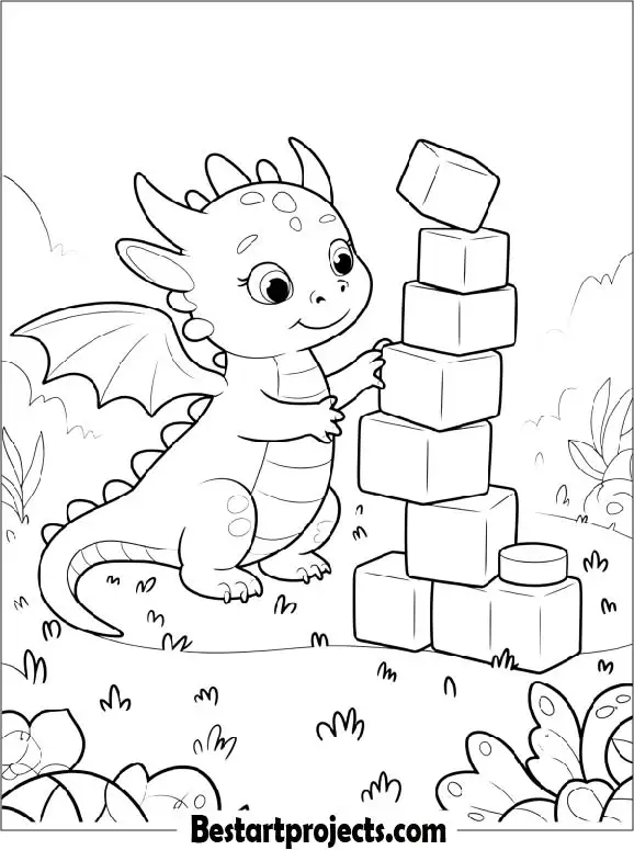 Baby Dragon Playing with Blocks Coloring Page