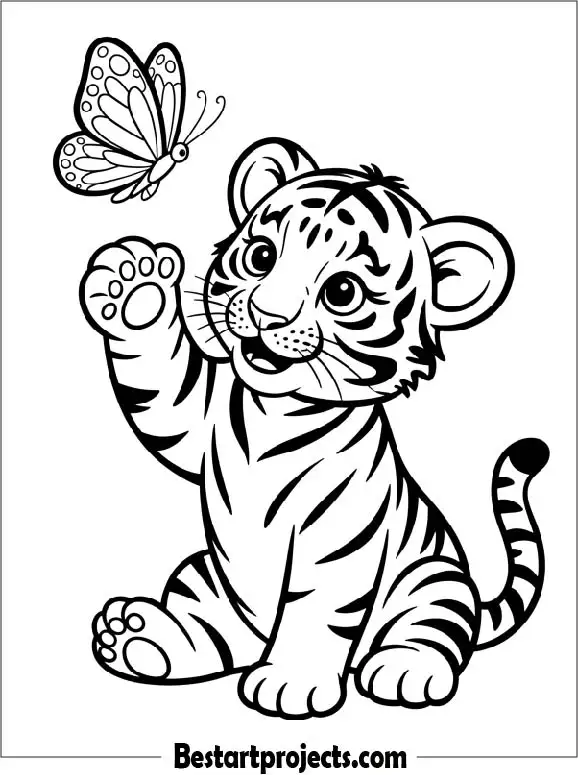 Baby Tiger Playing with a Butterfly