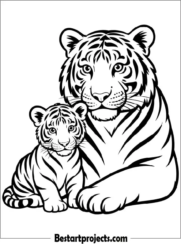 Baby Tiger with Its Mother Coloring Page