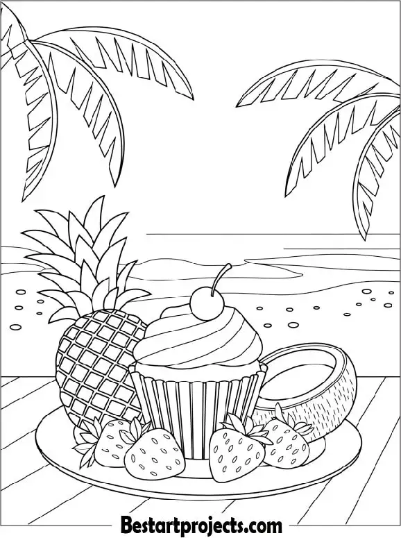 Beachside Cupcake with Tropical Fruits Coloring Sheet