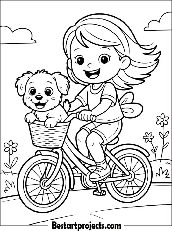 Bicycle with a Cute Puppy in the Basket Coloring Printable