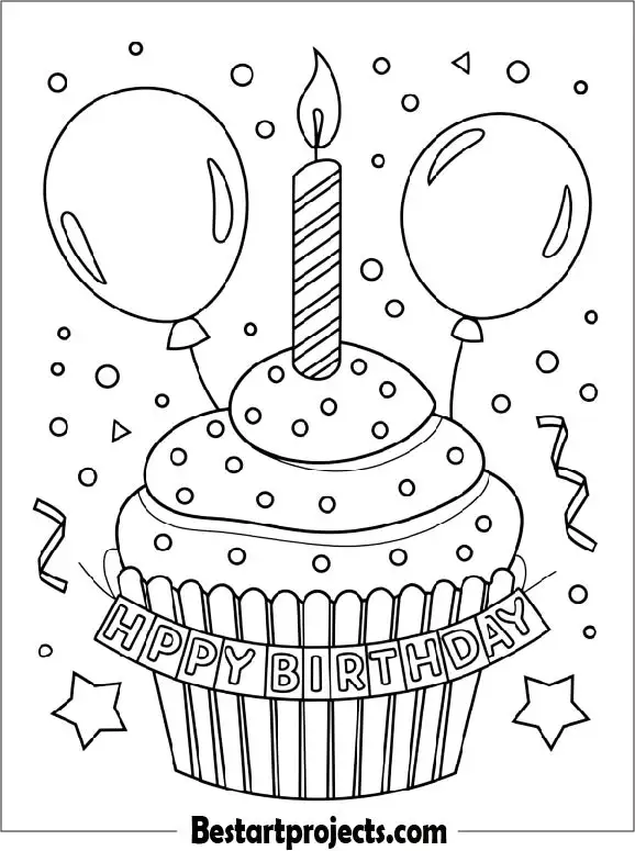 Birthday Cupcake with Candle Coloring Page