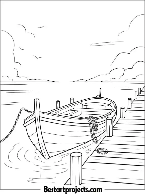 Boat Docked at a Wooden Pier Coloring Page