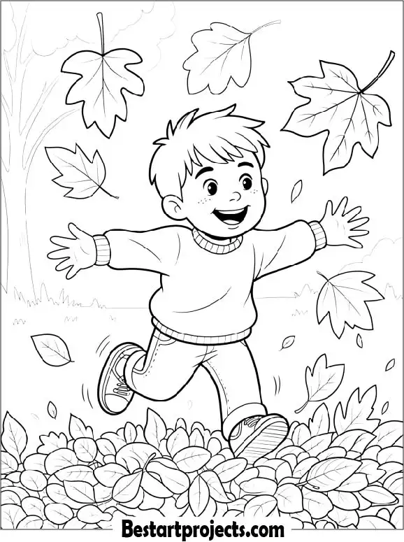 Boy Playing With Fallen Leaves Fall Coloring Sheet
