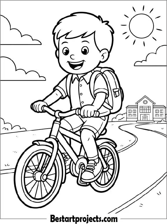 Boy Riding a Bicycle to School Coloring Printable